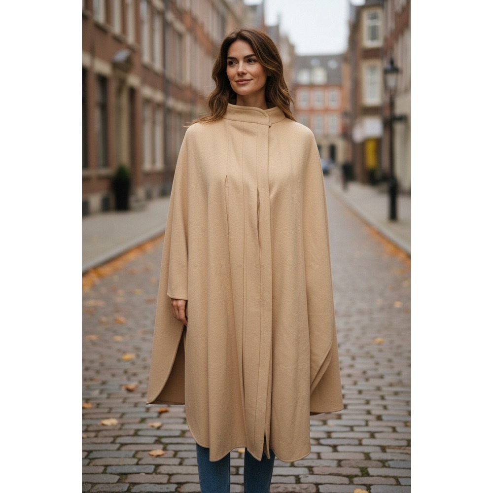 Alorna Beige Wool Blend Cape Coat Classic Elegant Outerwear One Size